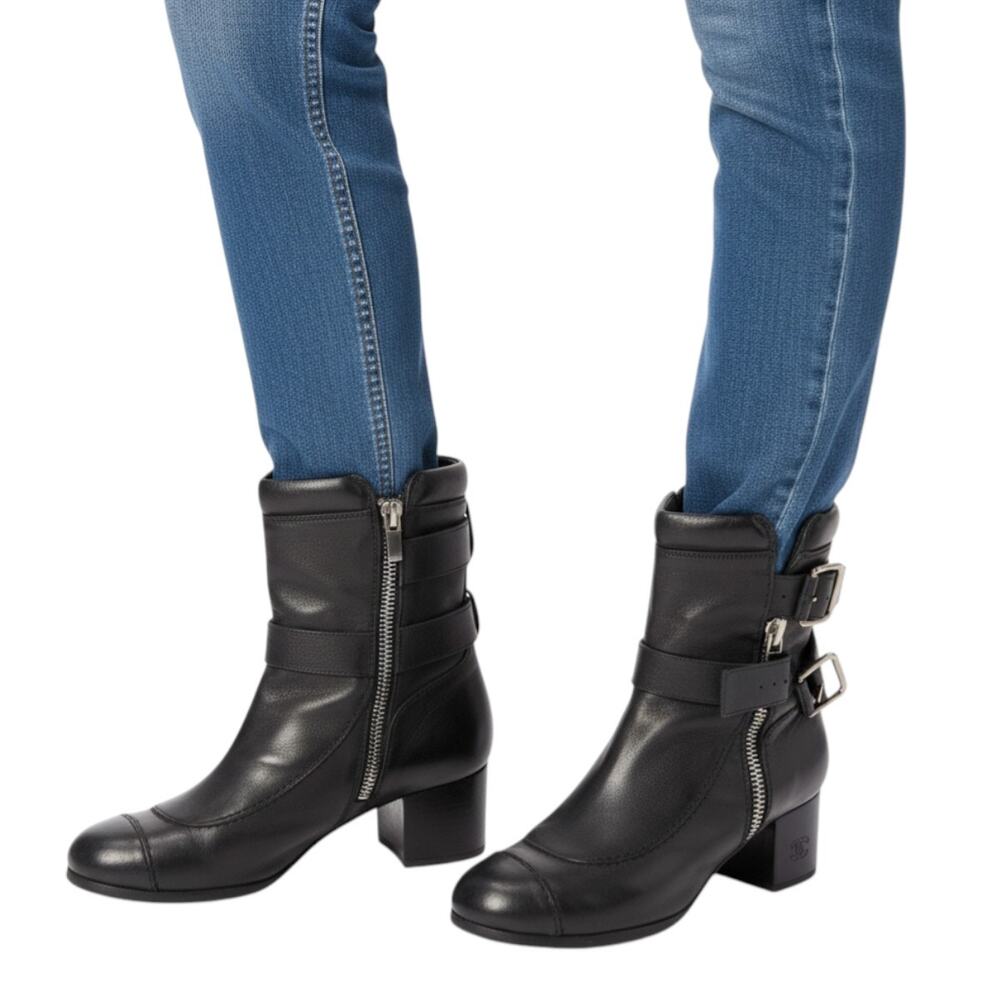 Chanel Leather Interlocking CC Logo Ankle Moto BIker Boots Black Women's Size 38